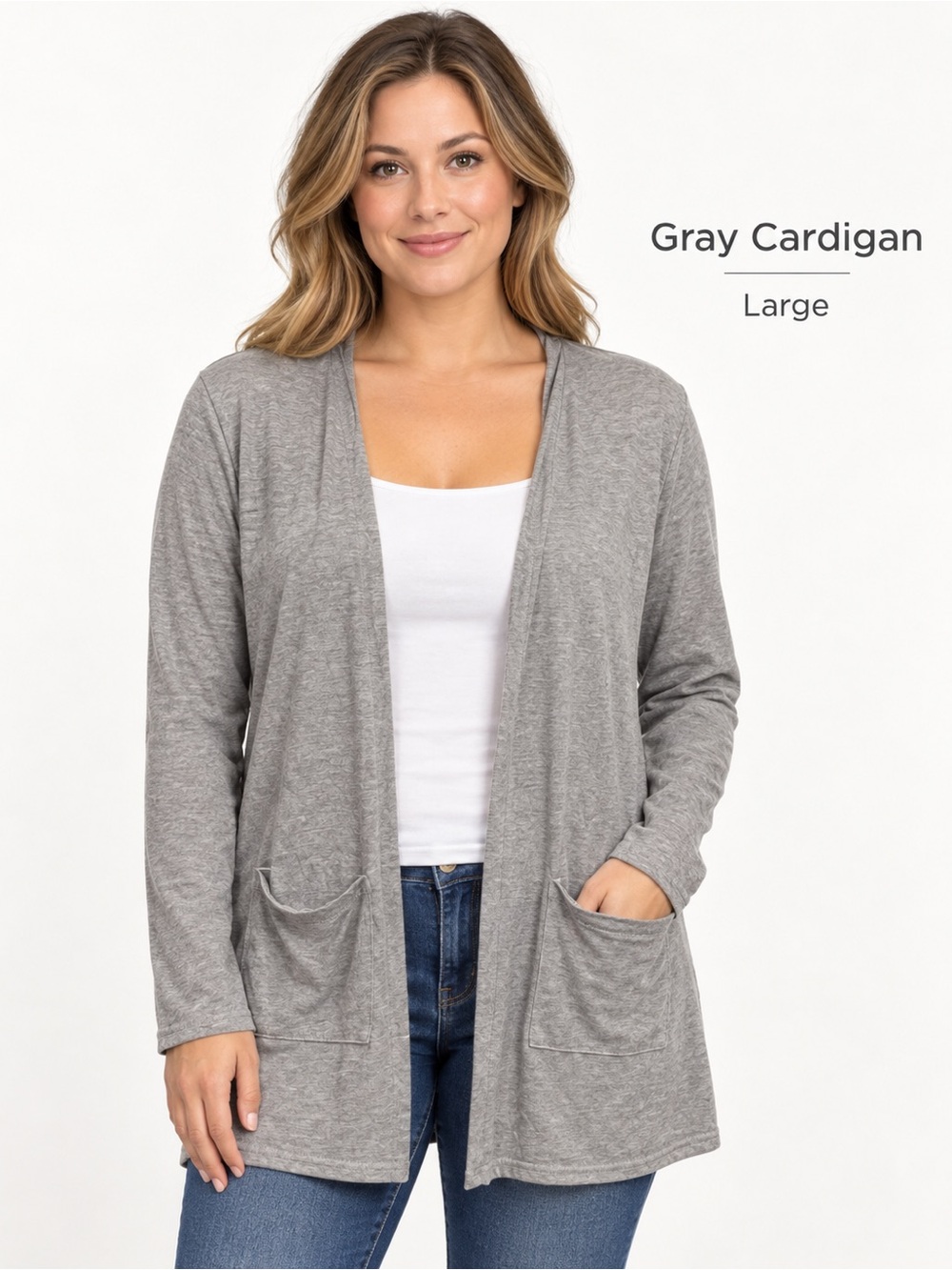 Lightweight Gray Open-Front Cardigan with Pockets - Women's Size large